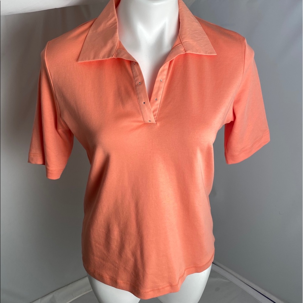Rabe peach short sleeve polo with crystal embellished neckline L